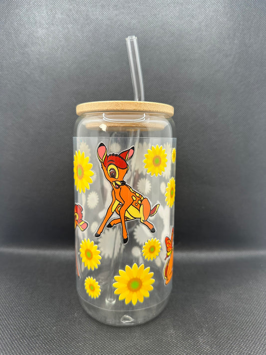 Cartoon Deer Sunflower 16oz Clear Glass Tumbler with Straw