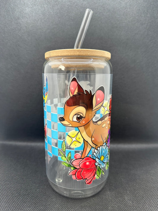 Cartoon Deer with Friends 16oz Clear Glass Tumbler with Straw