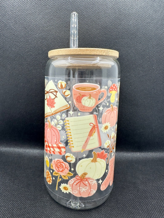 Cosy Bookish Pumpkin Spice Aesthetic Glass Tumbler with Straw