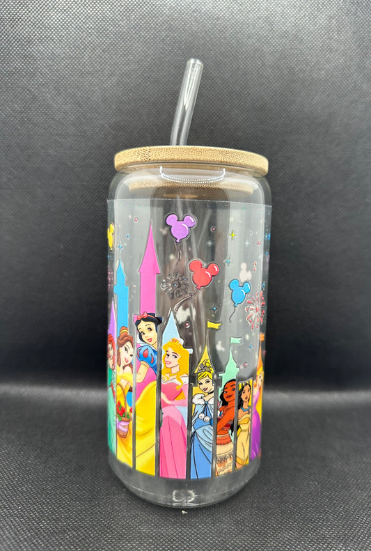 Multiple Princesses 16oz Clear Glass Tumbler with Straw