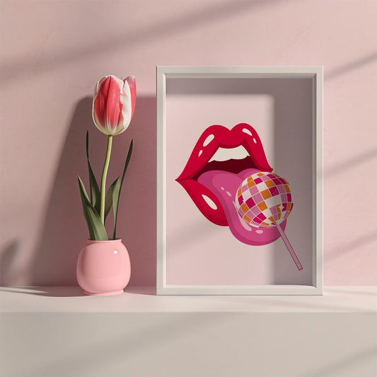 Bold Pop Art Lips Art Print, Disco Ball Lollipop Poster, Retro Glam Poster Y2K