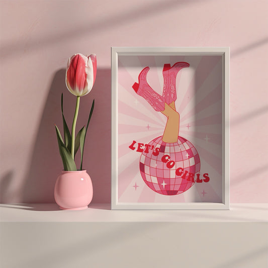 Let's Go Girls Quote Disco Cowgirl Poster, Cowgirl boots art print Y2K Art Print