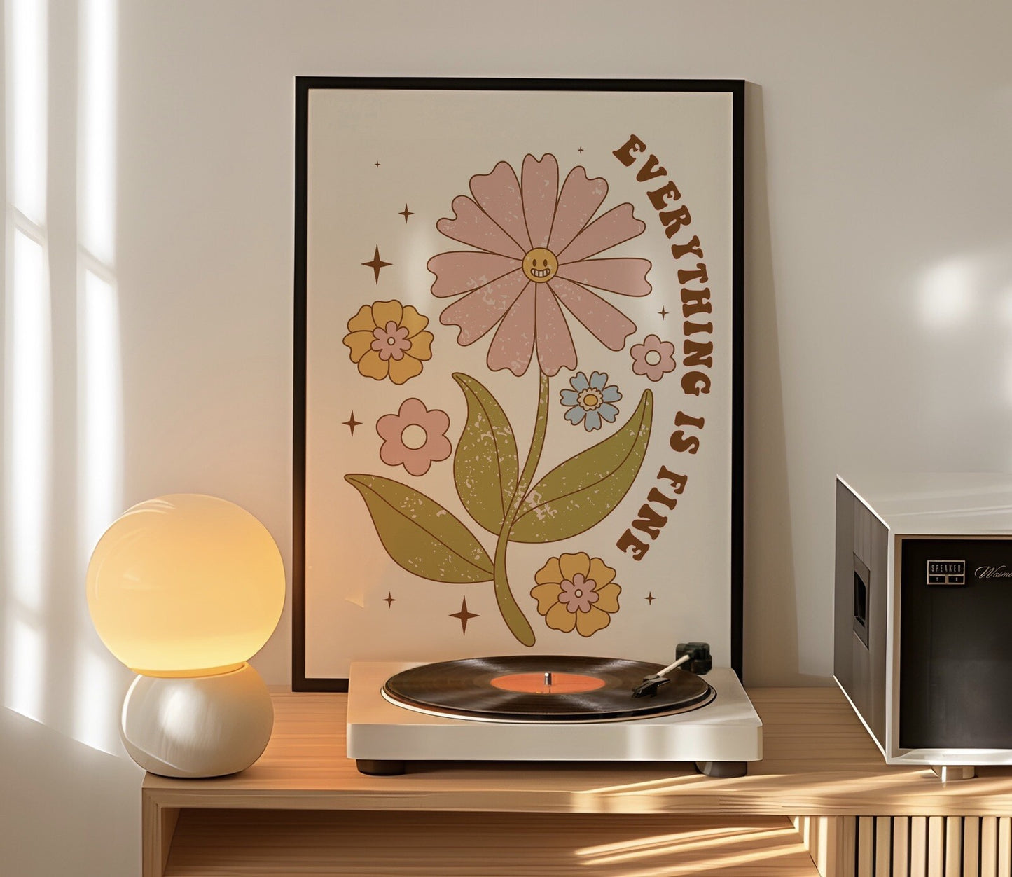 Everything is Fine Quote Art Print, Retro 60s Hippie Style Wall Art