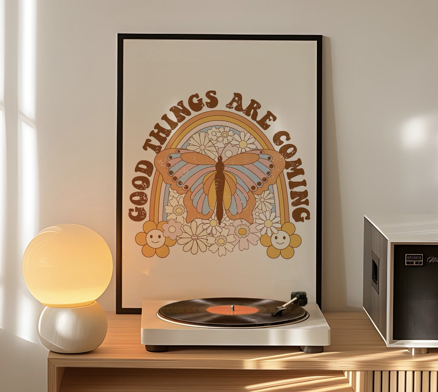 Good Things Are Coming Butterfly Quote Art Print, Retro 60s Hippie Style Print