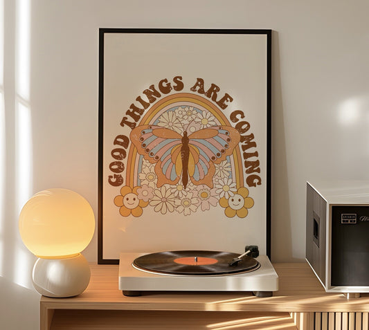Good Things Are Coming Butterfly Quote Art Print, Retro 60s Hippie Style Print