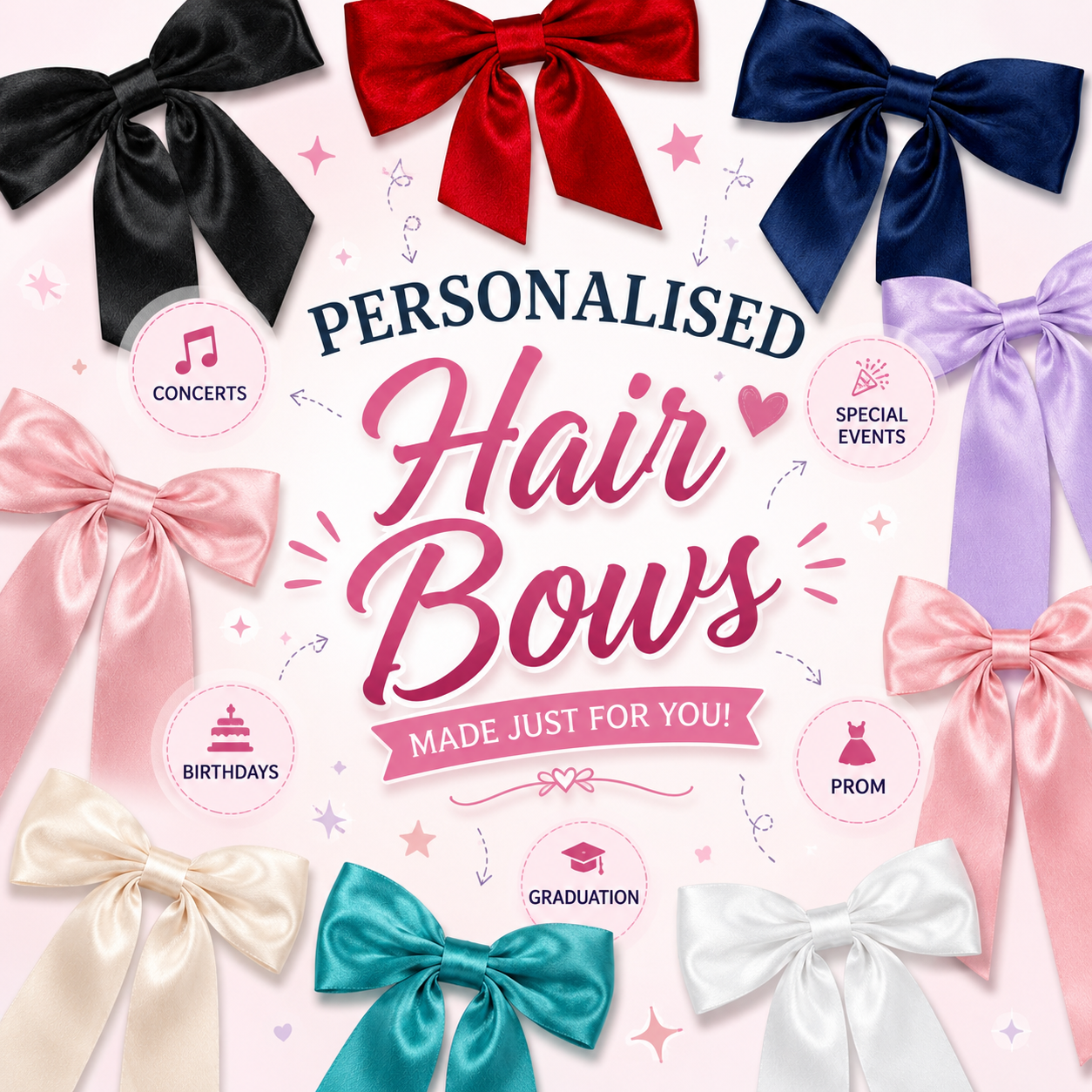 Personalised Hair Bow Clip Custom Name Text Concert Birthday Prom Gift UK