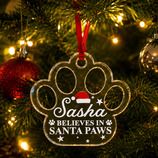 Personalised Pet Believes in Santa Paws Bauble, Personalised Paw Print Christmas