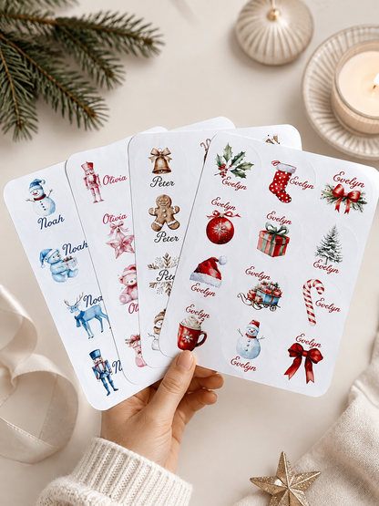 Personalised Christmas Name Stickers | Round Gift Labels | Custom Santa Present