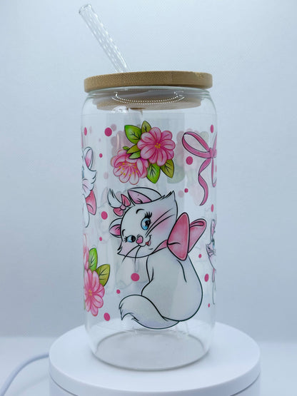 Pastel Parisian Kitten inspired 16oz Clear Glass Tumbler with Straw