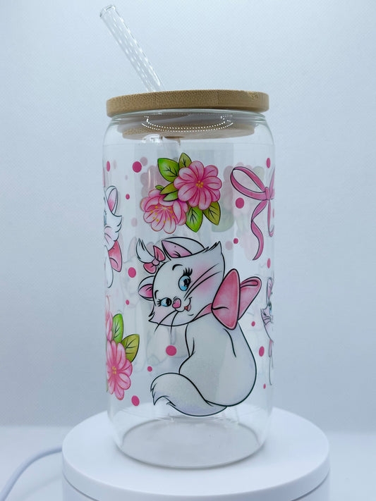 Pastel Parisian Kitten inspired 16oz Clear Glass Tumbler with Straw