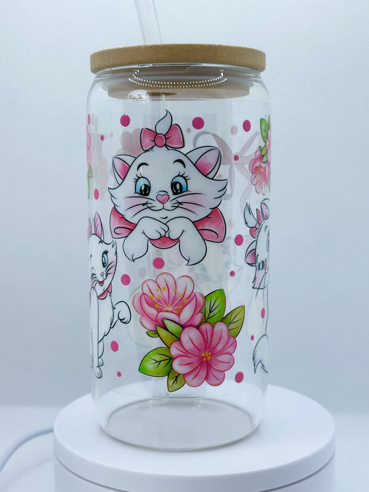 Pastel Parisian Kitten inspired 16oz Clear Glass Tumbler with Straw