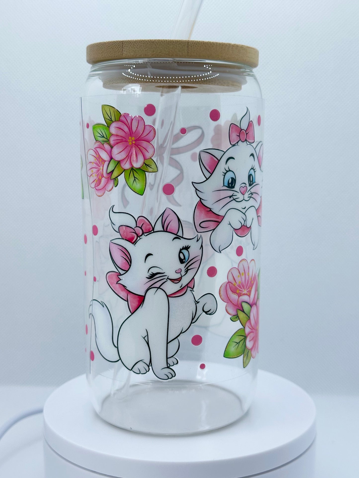 Pastel Parisian Kitten inspired 16oz Clear Glass Tumbler with Straw