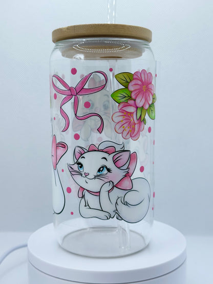 Pastel Parisian Kitten inspired 16oz Clear Glass Tumbler with Straw