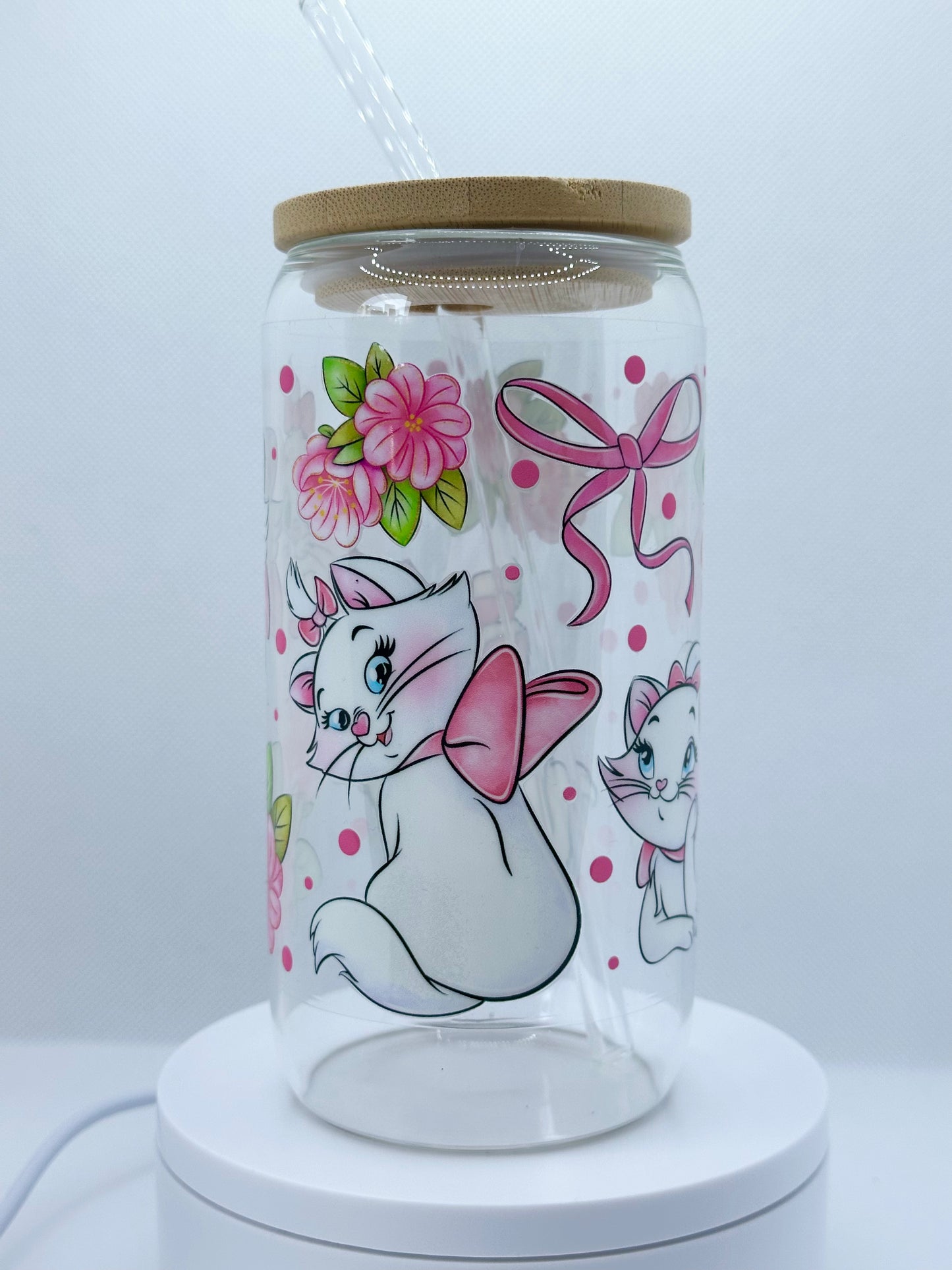 Pastel Parisian Kitten inspired 16oz Clear Glass Tumbler with Straw