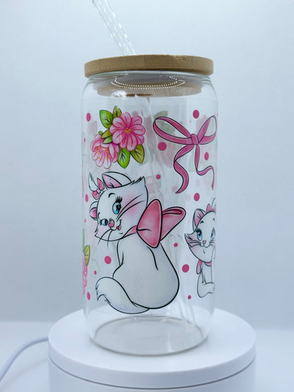 Pastel Parisian Kitten inspired 16oz Clear Glass Tumbler with Straw