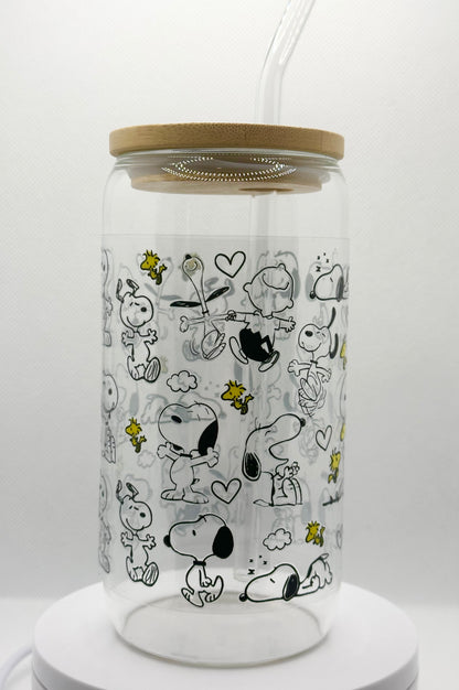 Cartoon Dog 16oz Glass Tumbler with Straw
