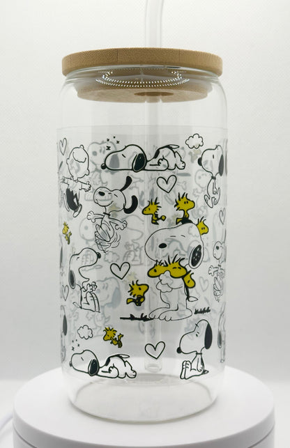 Cartoon Dog 16oz Glass Tumbler with Straw