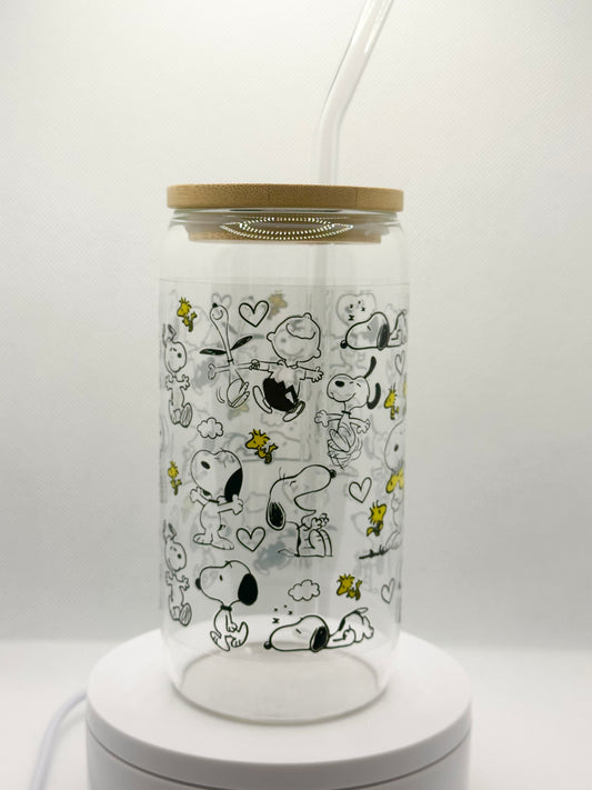 Cartoon Dog 16oz Glass Tumbler with Straw