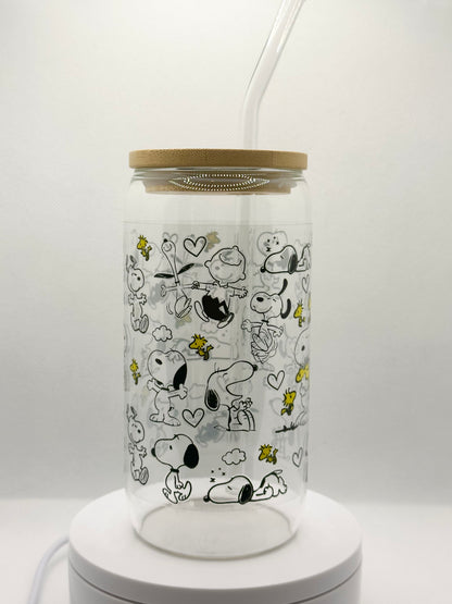 Cartoon Dog 16oz Glass Tumbler with Straw