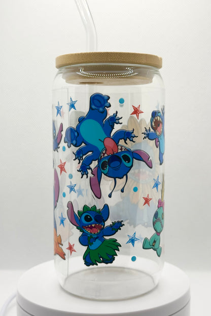 Sunflower Blue Alien inspired 16oz Clear Glass Tumbler with Straw