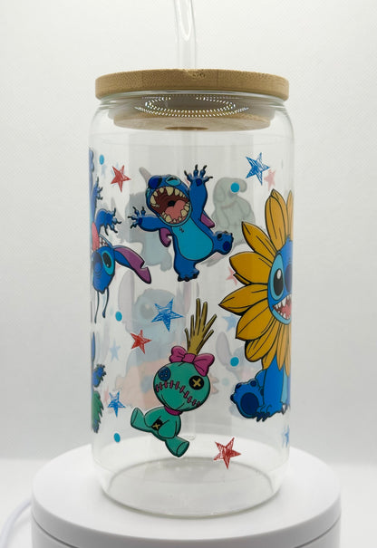 Sunflower Blue Alien inspired 16oz Clear Glass Tumbler with Straw