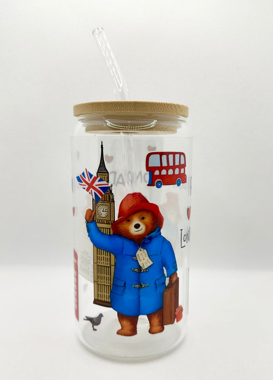 P Bear 16oz Glass Tumbler with Straw