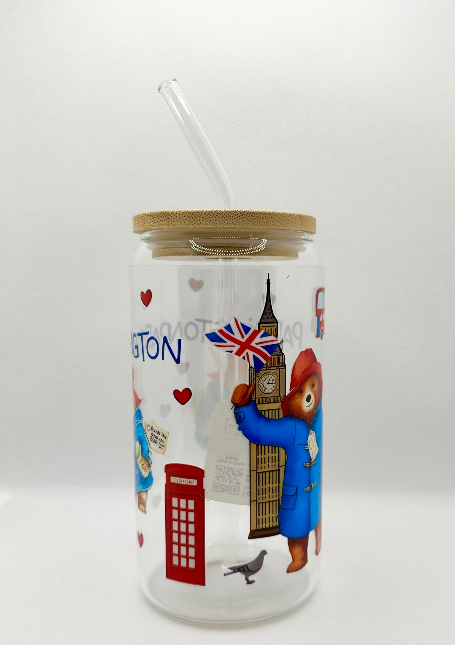 P Bear 16oz Glass Tumbler with Straw