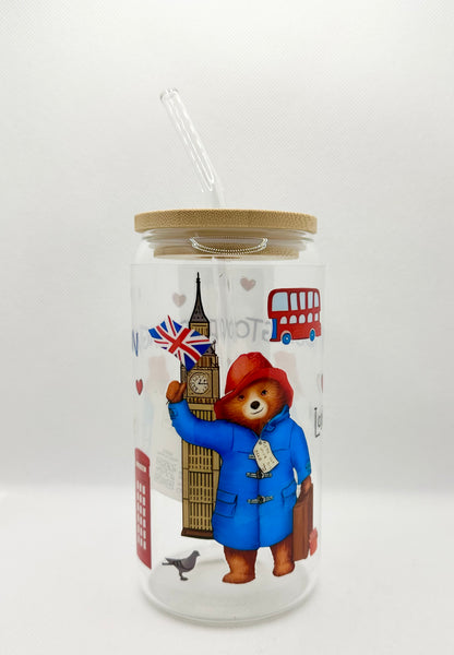 P Bear 16oz Glass Tumbler with Straw