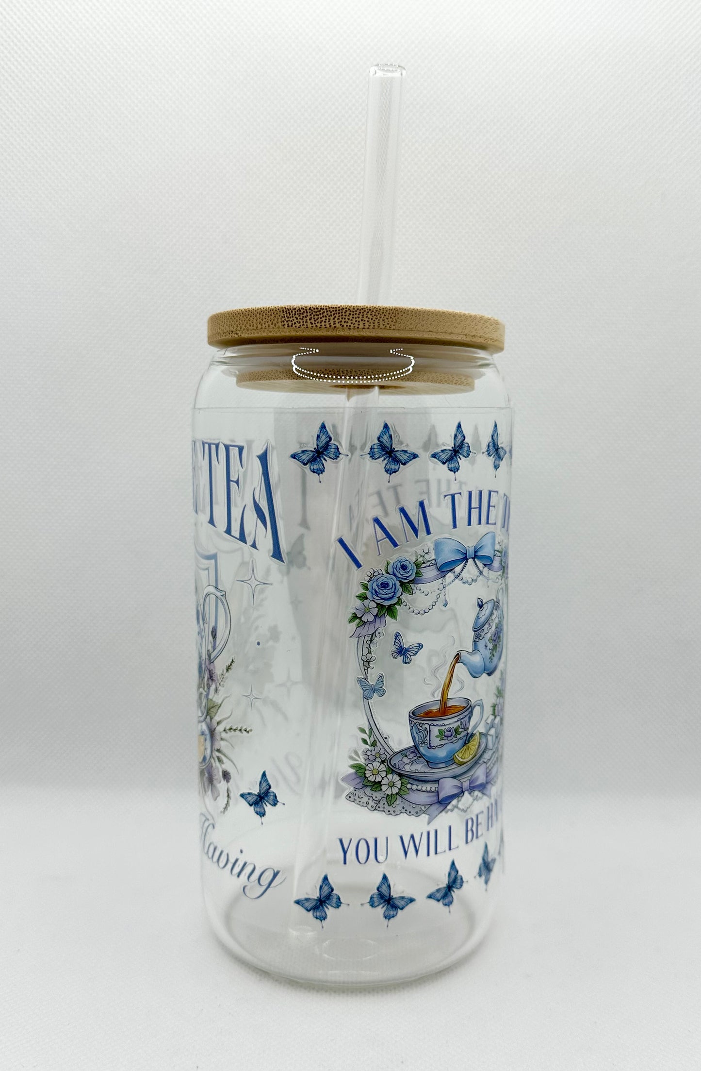Blue - "I'm the Tea you will be having" B TV Show 16oz Glass Tumbler with Straw