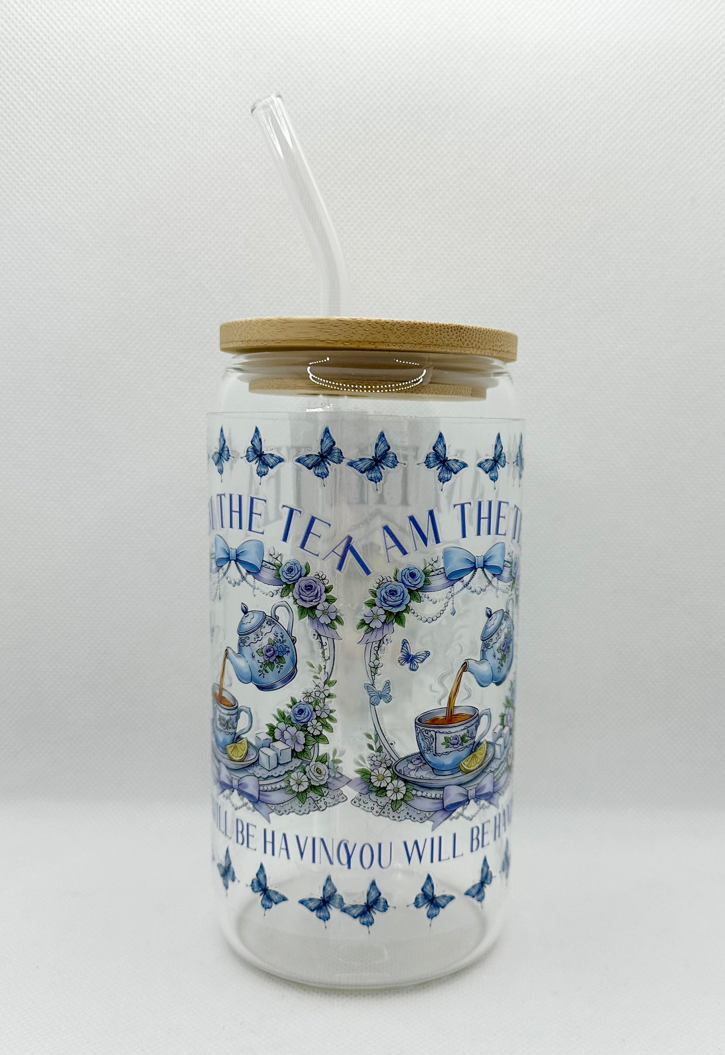 Blue - "I'm the Tea you will be having" B TV Show 16oz Glass Tumbler with Straw
