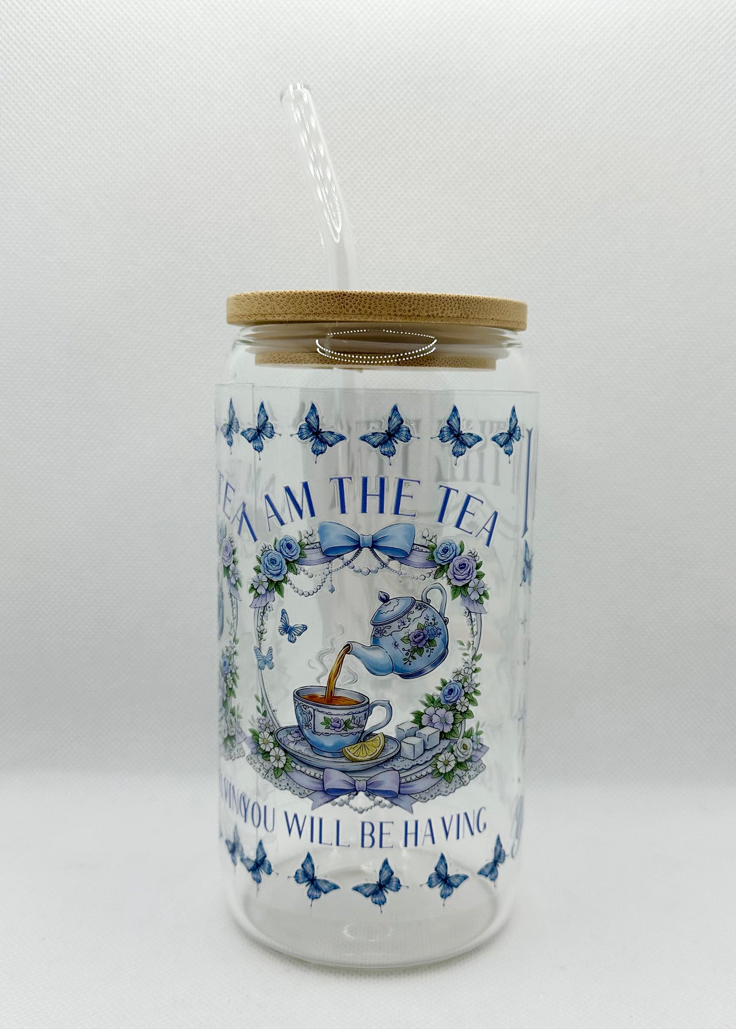 Blue - "I'm the Tea you will be having" B TV Show 16oz Glass Tumbler with Straw