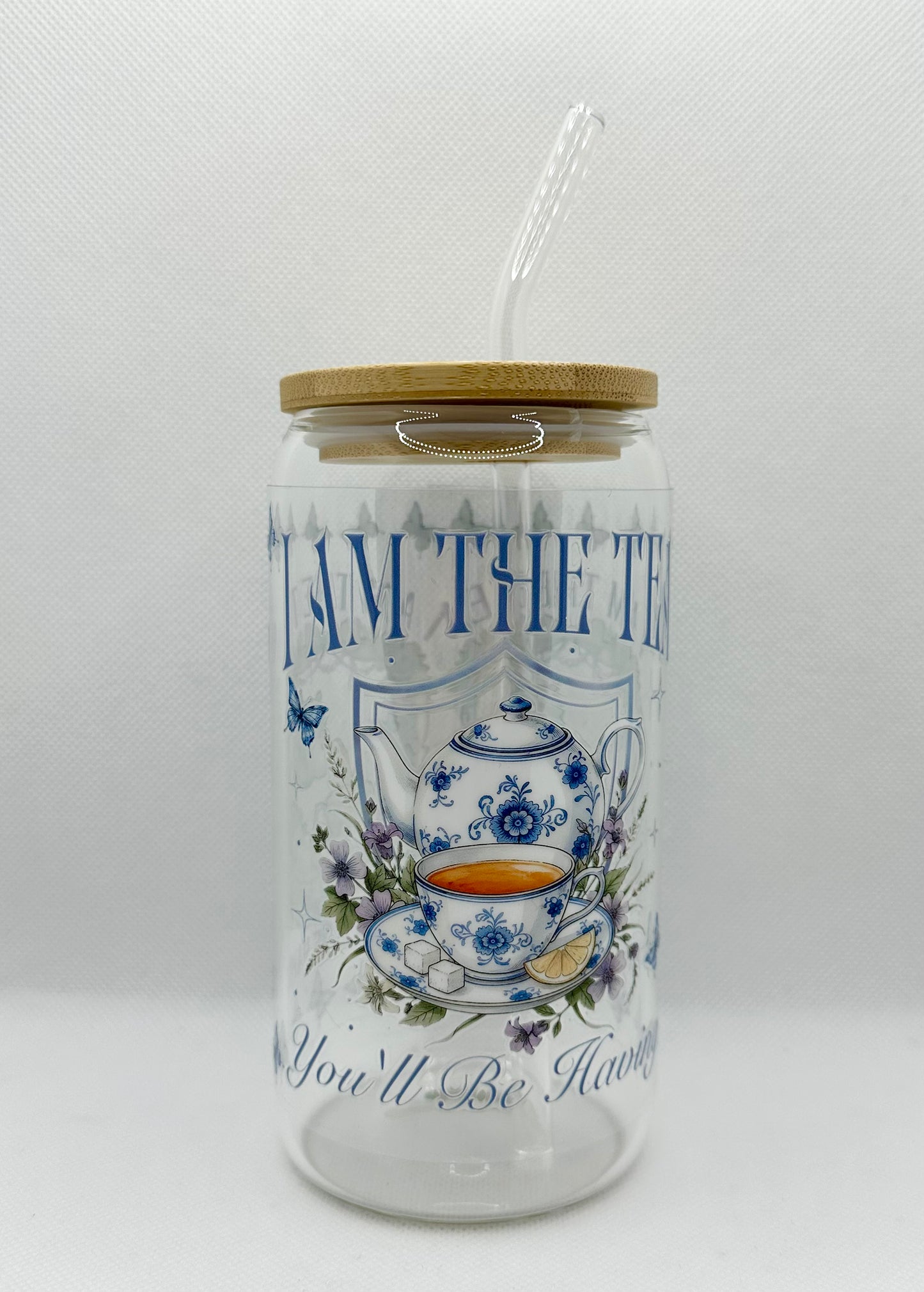 Blue - "I'm the Tea you will be having" B TV Show 16oz Glass Tumbler with Straw