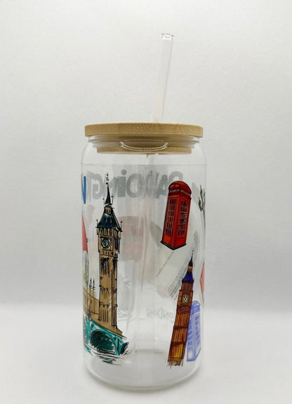 P Bear 16oz Glass Tumbler with Straw