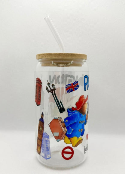 P Bear 16oz Glass Tumbler with Straw
