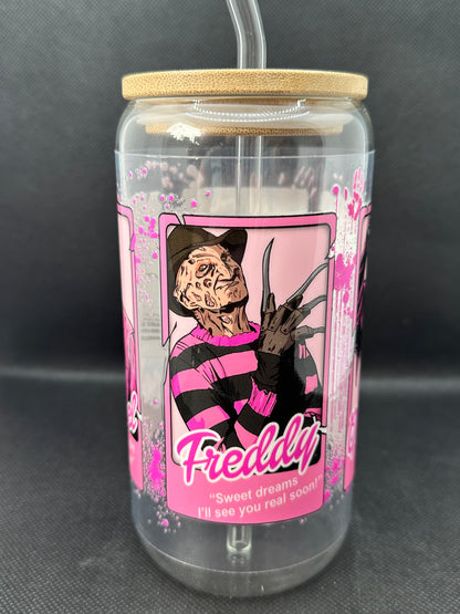 Horror Movie Characters inspired 16oz Clear Glass Tumbler with Straw
