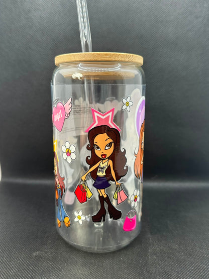 Y2K Fashion Dolls 16oz Clear Glass Tumbler with Straw