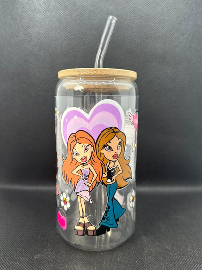 Y2K Fashion Dolls 16oz Clear Glass Tumbler with Straw