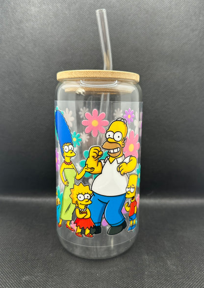 Floral Cartoon Family 16oz Clear Glass Tumbler with Straw