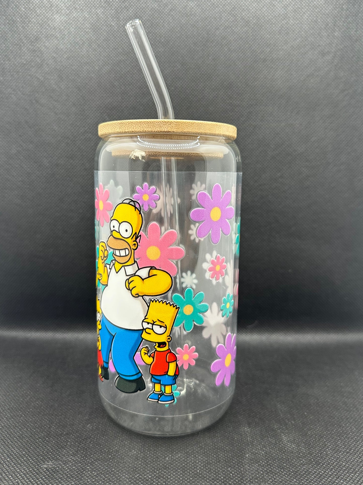 Floral Cartoon Family 16oz Clear Glass Tumbler with Straw