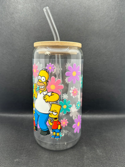 Floral Cartoon Family 16oz Clear Glass Tumbler with Straw