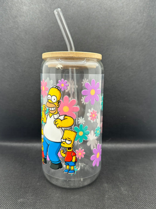 Floral Cartoon Family 16oz Clear Glass Tumbler with Straw