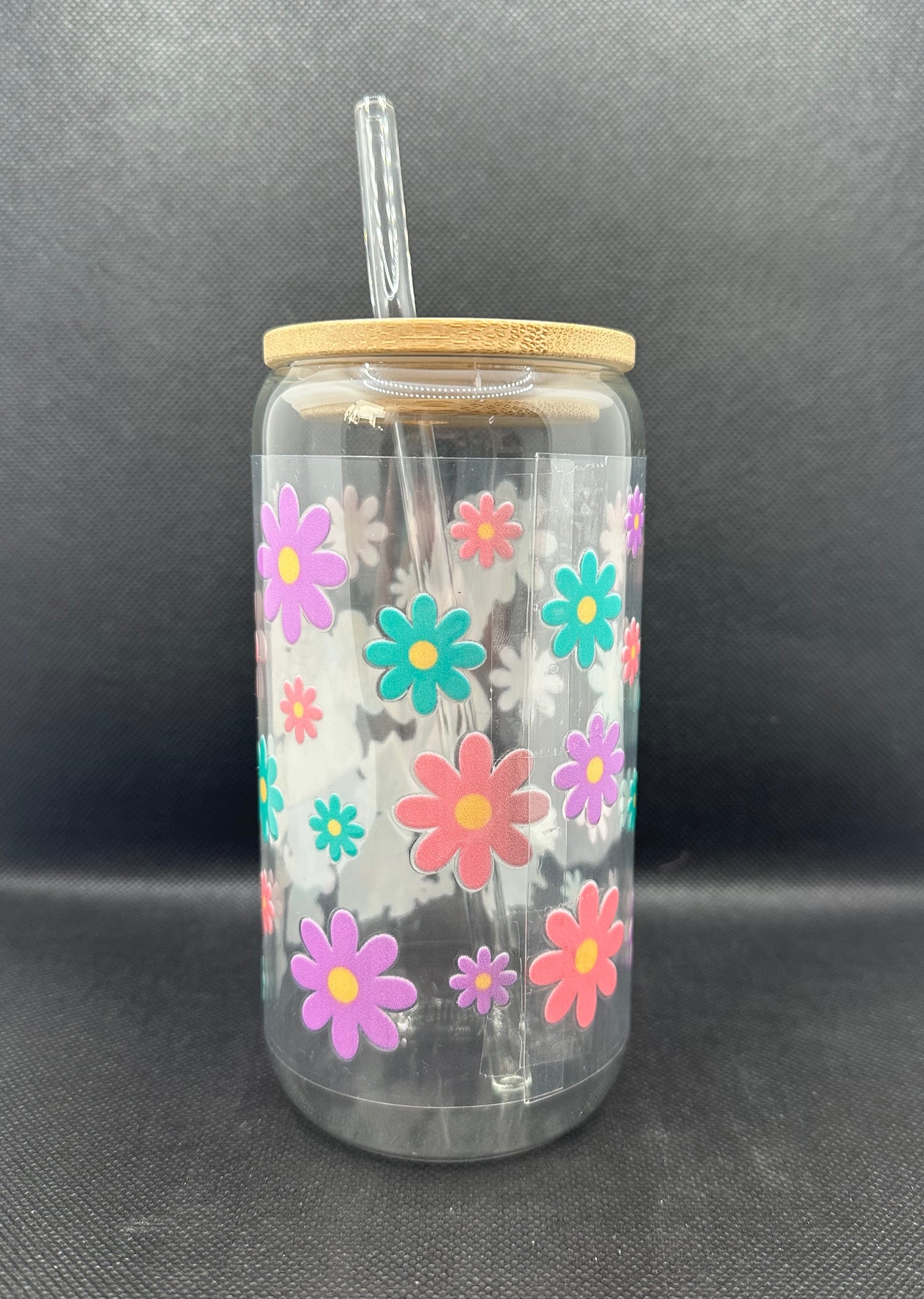 Floral Cartoon Family 16oz Clear Glass Tumbler with Straw