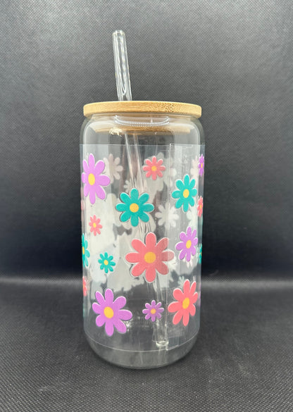 Floral Cartoon Family 16oz Clear Glass Tumbler with Straw