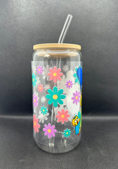 Floral Cartoon Family 16oz Clear Glass Tumbler with Straw