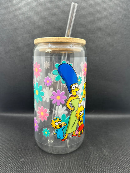 Floral Cartoon Family 16oz Clear Glass Tumbler with Straw