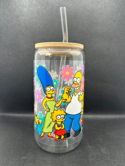 Floral Cartoon Family 16oz Clear Glass Tumbler with Straw
