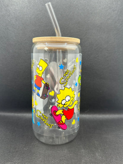 Cartoon Family 16oz Clear Glass Tumbler with Straw