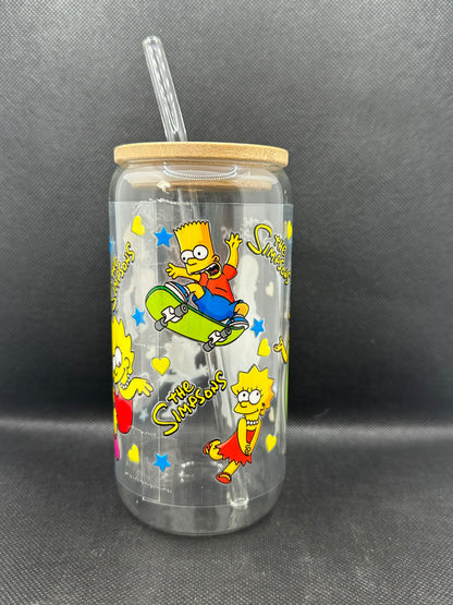 Cartoon Family 16oz Clear Glass Tumbler with Straw