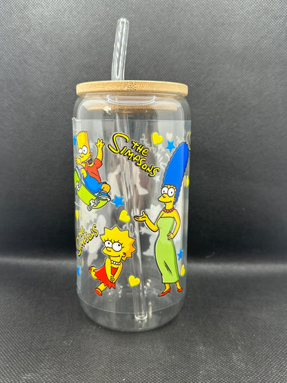 Cartoon Family 16oz Clear Glass Tumbler with Straw
