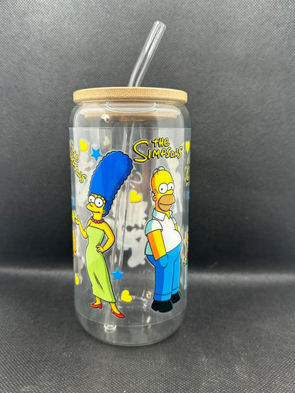 Cartoon Family 16oz Clear Glass Tumbler with Straw